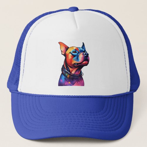 Colorful Staffy Bull Terrier Cyberpunk Design Trucker Hat