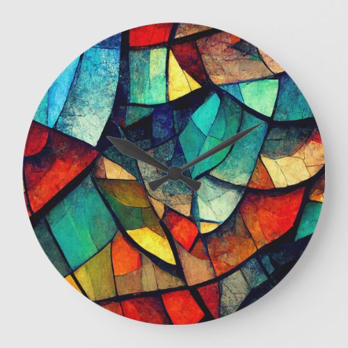 Colorful Stained Glass Abstraction Large Clock