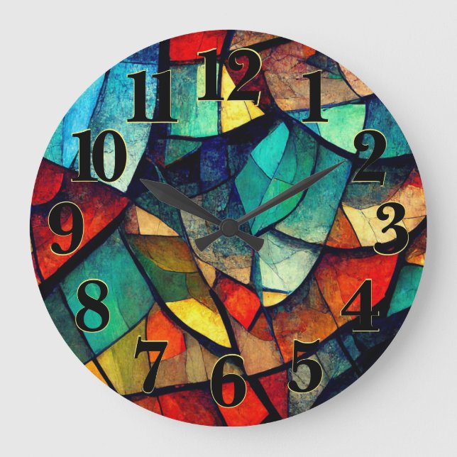 Colorful Stained Glass Abstraction Large Clock (Front)