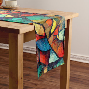 Colorful Stained Glass Abstraction Short Table Runner