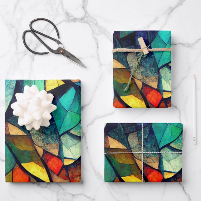 Colorful Stained Glass Abstraction Wrapping Paper Sheets (Front)