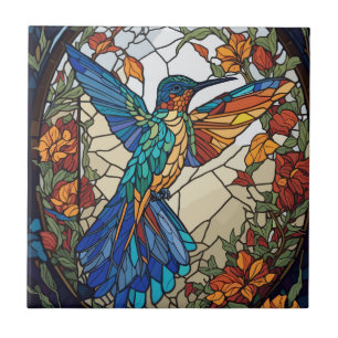 Colorful Stained Glass Artistic Hummingbird Ceramic Tile
