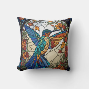Colorful Stained Glass Artistic Hummingbird Throw Pillow