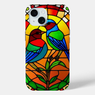 Colorful Stained Glass Artwork with Birds iPhone 15 Case
