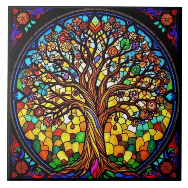 Colorful Stained Glass Big Tree Natured Inspired Ceramic Tile (Front)