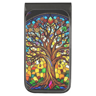 Colorful Stained Glass Big Tree Natured Inspired Gunmetal Finish Money Clip