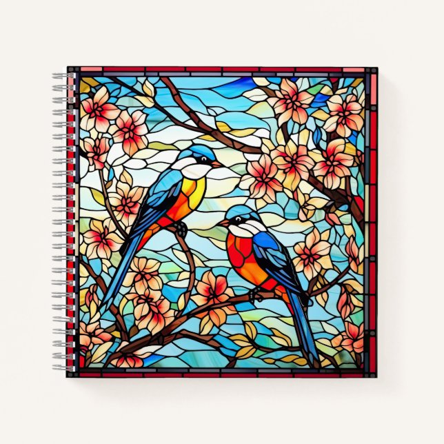 Colorful Stained Glass Birds on Flowering Branches Notebook (Front)