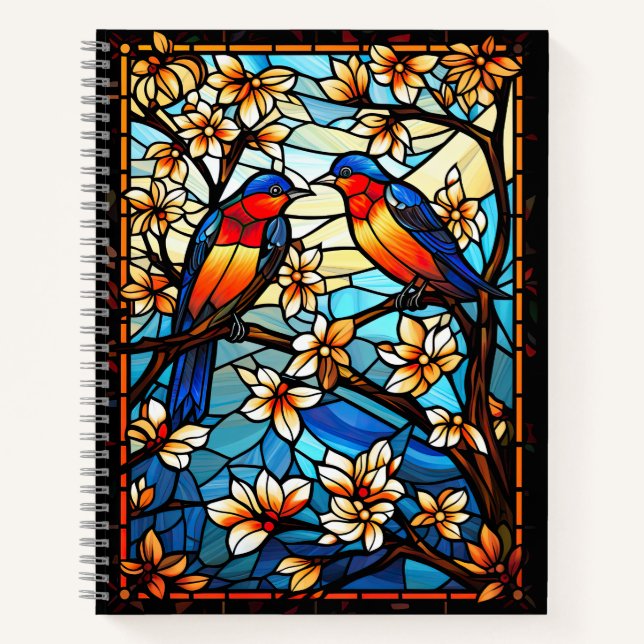 Colorful Stained Glass Birds on Flowering Branches Notebook (Front)