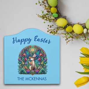 Colorful Stained Glass Bunny Happy Easter Name Door Sign