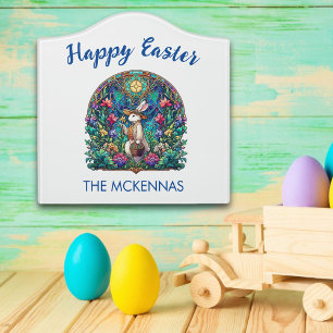 Colorful Stained Glass Bunny Happy Easter Name Door Sign