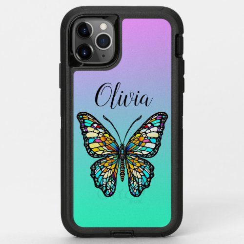 Colorful Stained Glass Butterfly Personalized OtterBox Defender iPhone 11 Pro Max Case