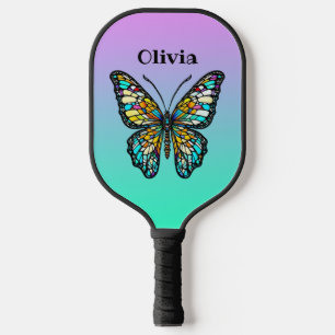 Colorful Stained Glass Butterfly Personalized Pickleball Paddle
