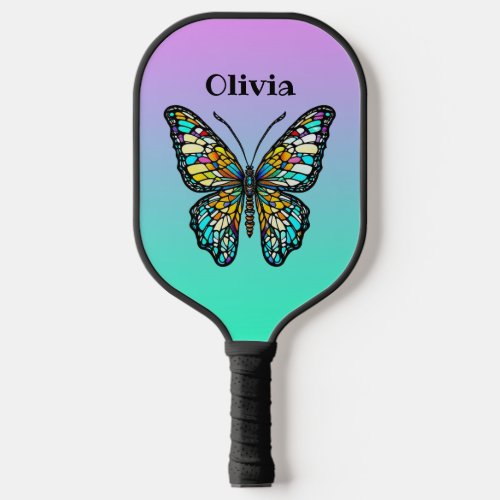 Colorful Stained Glass Butterfly Personalized Pickleball Paddle