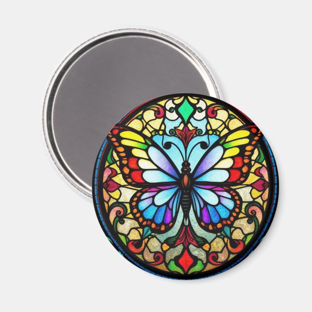 Colorful Stained Glass Butterfly Vibrant Art Magnet (Front/Back)