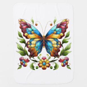 Colorful stained glass butterfly with flowers baby blanket