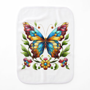 Colorful stained glass butterfly with flowers baby burp cloth