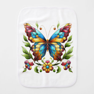 Colorful stained glass butterfly with flowers baby burp cloth