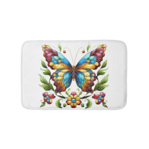 Colorful stained glass butterfly with flowers bath mat