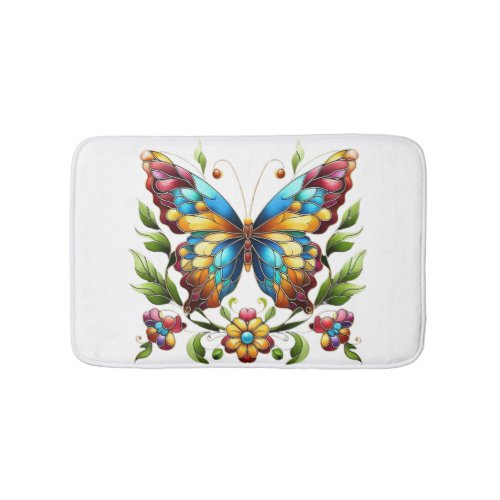 Colorful stained glass butterfly with flowers bath mat