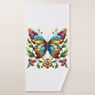 Colorful stained glass butterfly with flowers bath towel