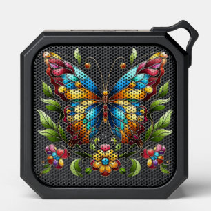 Colorful stained glass butterfly with flowers bluetooth speaker