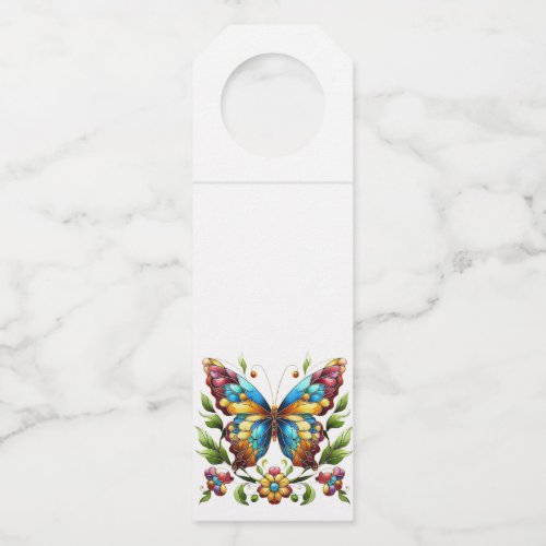 Colorful stained glass butterfly with flowers bottle hanger tag