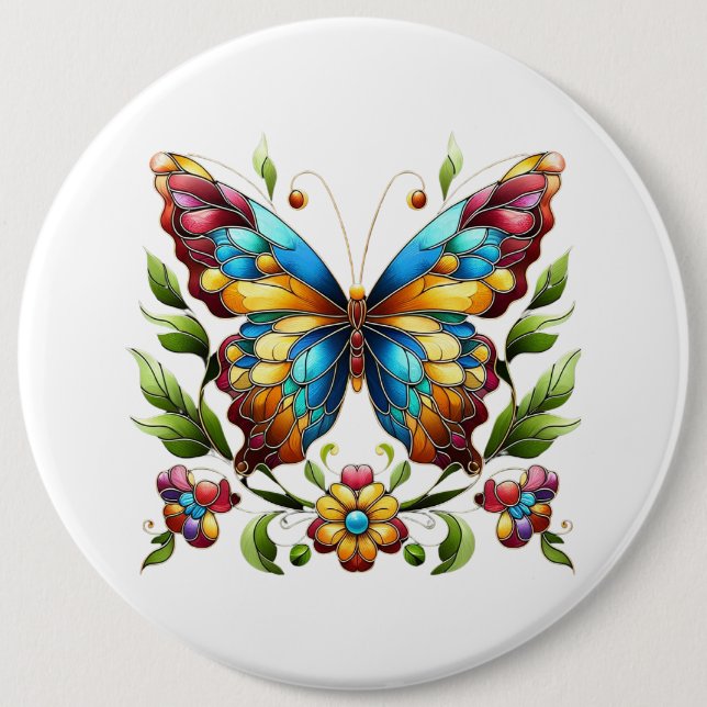 Colorful stained glass butterfly with flowers button (Front)