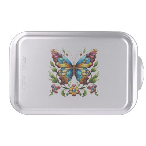 Colorful stained glass butterfly with flowers cake pan