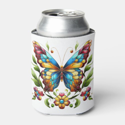 Colorful stained glass butterfly with flowers can cooler