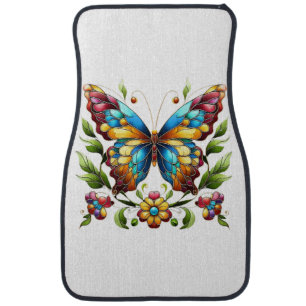 Colorful stained glass butterfly with flowers car floor mat