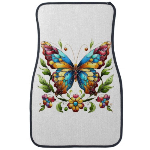 Colorful stained glass butterfly with flowers car floor mat