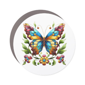 Colorful stained glass butterfly with flowers car magnet