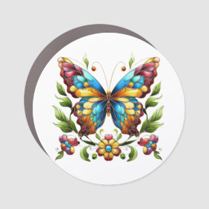Colorful stained glass butterfly with flowers car magnet