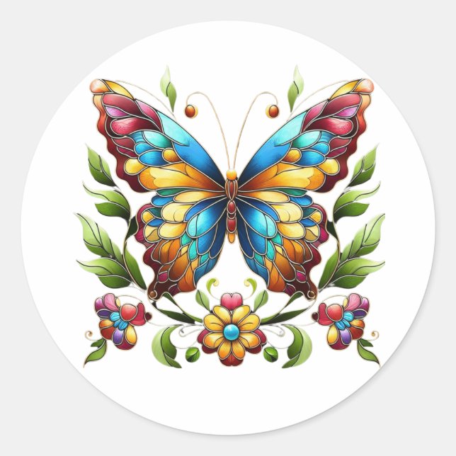 Colorful stained glass butterfly with flowers classic round sticker (Front)