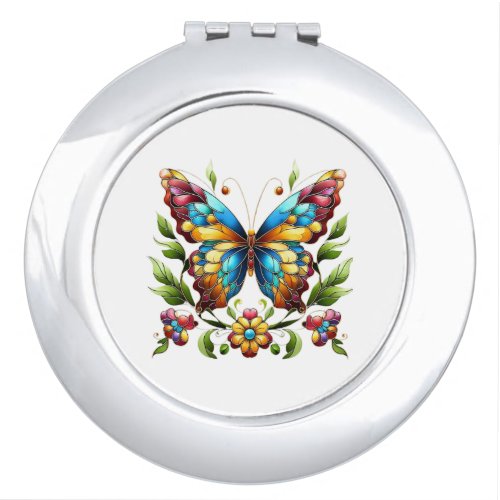 Colorful stained glass butterfly with flowers compact mirror
