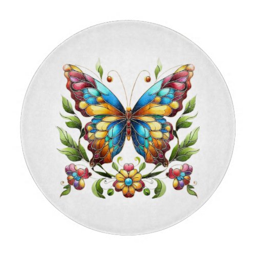 Colorful stained glass butterfly with flowers cutting board