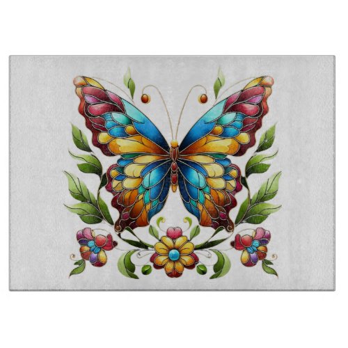 Colorful stained glass butterfly with flowers cutting board