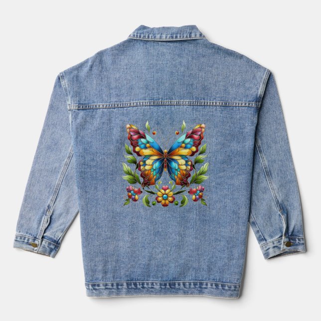 Colorful stained glass butterfly with flowers denim jacket (Back)