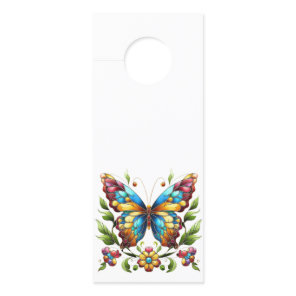 Colorful stained glass butterfly with flowers door hanger