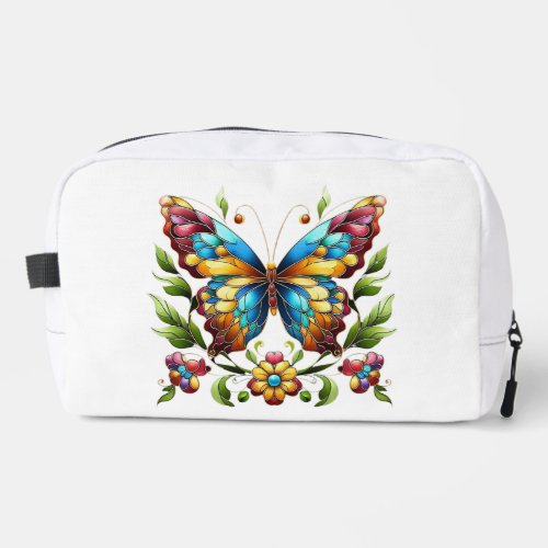 Colorful stained glass butterfly with flowers dopp kit