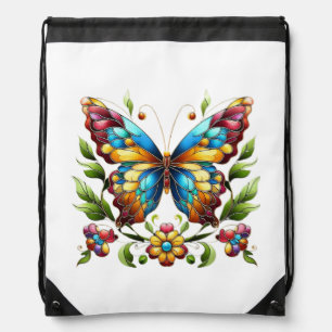 Colorful stained glass butterfly with flowers drawstring bag