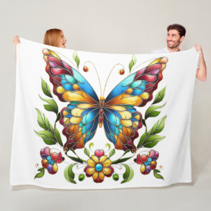 Colorful stained glass butterfly with flowers fleece blanket