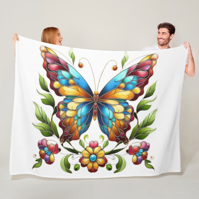 Colorful stained glass butterfly with flowers fleece blanket (In Situ)