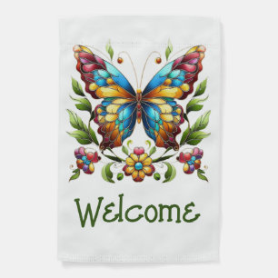 Colorful stained glass butterfly with flowers garden flag