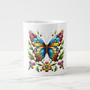 Colorful stained glass butterfly with flowers giant coffee mug