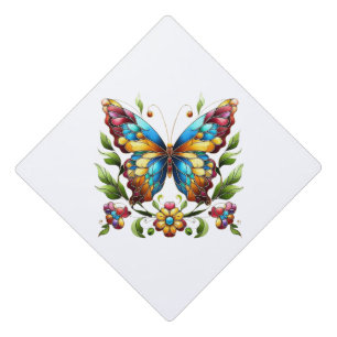 Colorful stained glass butterfly with flowers graduation cap topper