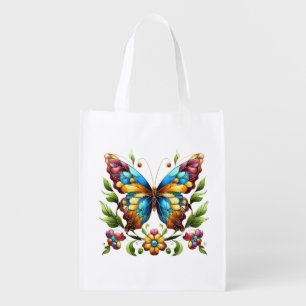 Colorful stained glass butterfly with flowers grocery bag