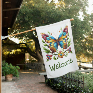 Colorful stained glass butterfly with flowers house flag