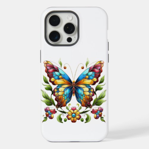 Colorful stained glass butterfly with flowers iPhone 15 pro max case