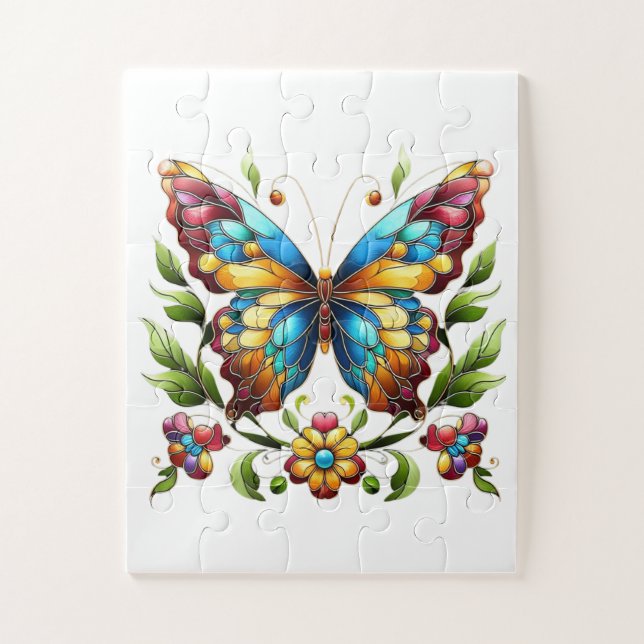 Colorful stained glass butterfly with flowers jigsaw puzzle (Vertical)